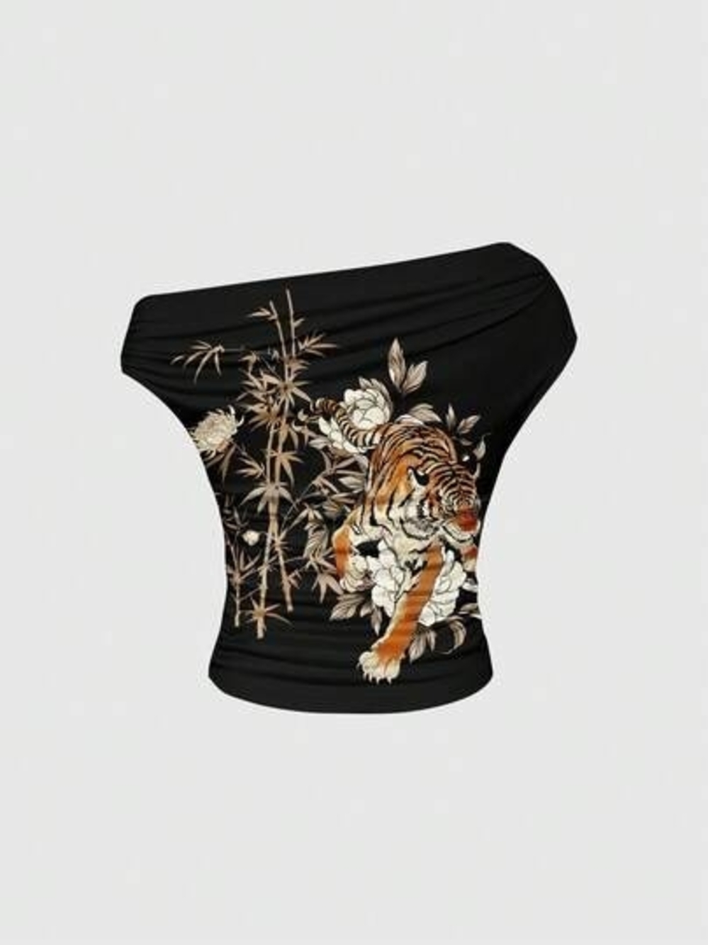 Romwe Black Off-Shoulder Tiger Print Top Size M Stretch
